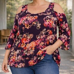 Spense Floral Cold Shoulder Blouse Burgundy Pink Boho Casual Top Size XL